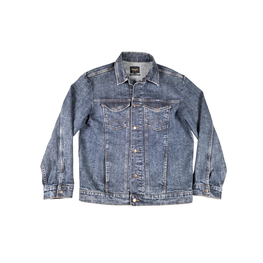 VTG Wrangler Jacket Mens Medium Blue Denim Trucker Button Front Stretch MJM13IA